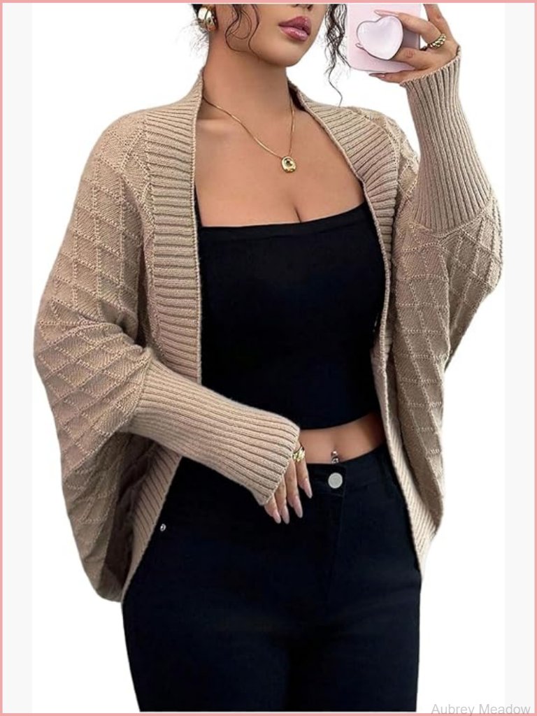 Open Front Argyle Cardigan Sweater Long Sleeve Knit Outerwear